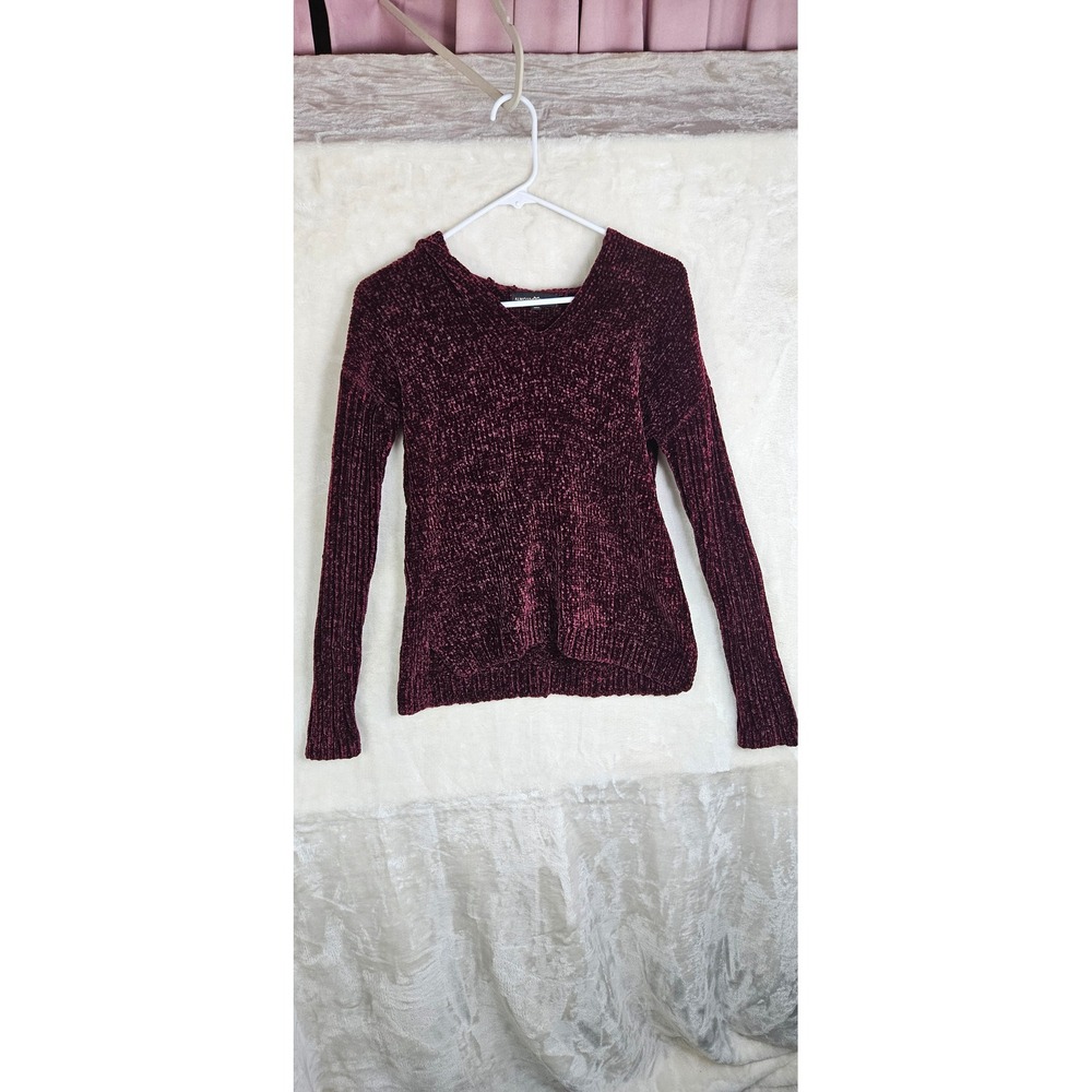 Almost Famous Burgundy Chenille Knit V-Neck Hoodie Sweater Womens Small Wine Red